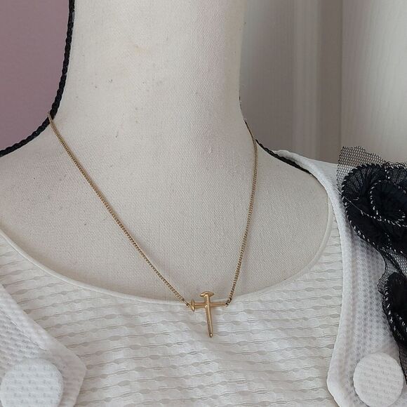 Gold Tone 2-Nail Cross Pendant Necklace - Picture 2 of 5